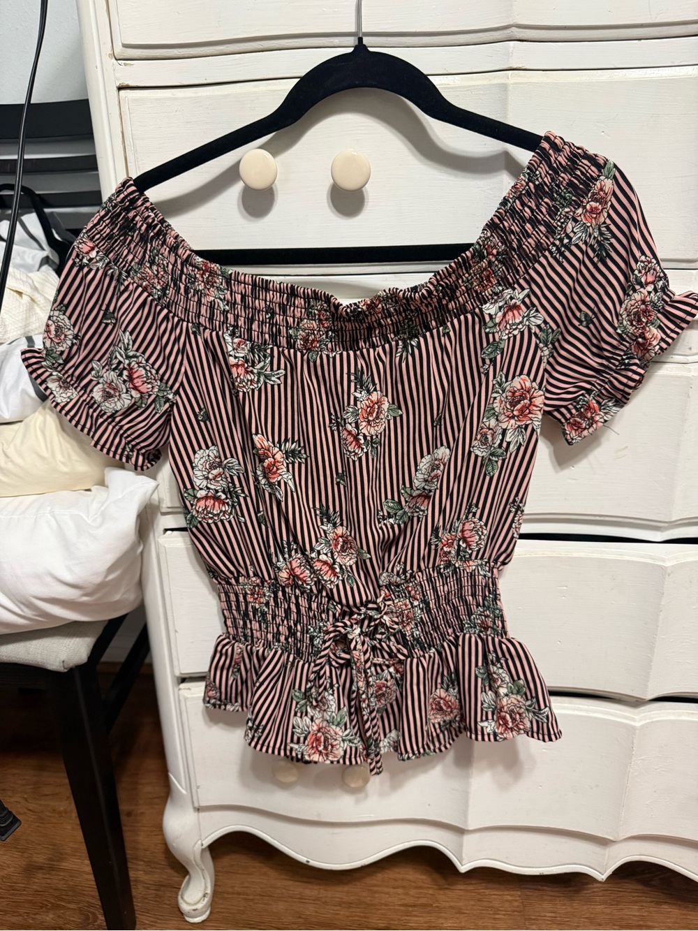 Striped Pink Floral Off-Shoulder Smocked Peplum Top